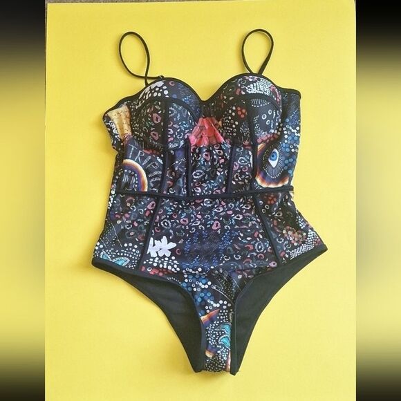 Other - Vibrant Tropical Bustier One-Piece Swimsuit Rainbow Graphic & Black Piping Sz M